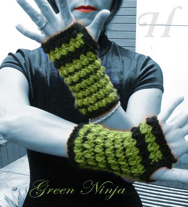 Green Ninja Crochet Fingerless Gloves Hand Warmers